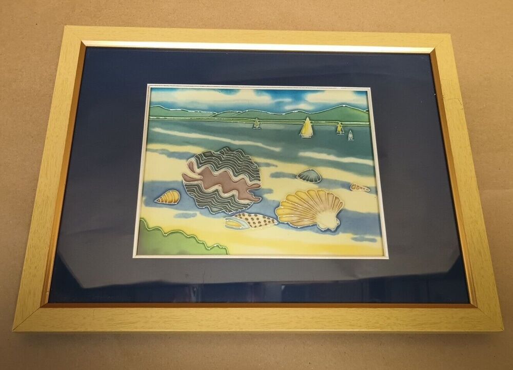 Hand Painted Ceramic Tile Wall Art Seashells Sailboats Beach Ocean Lake
